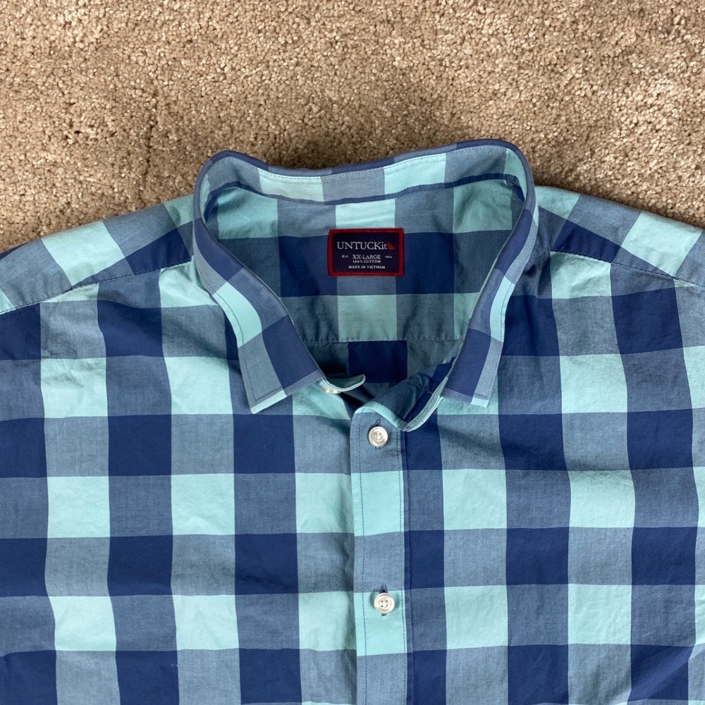 UNTUCKit Mens XXL Blue Buffalo Check Short Sleeve Button Down Cotton Shirt - Picture 2 of 8